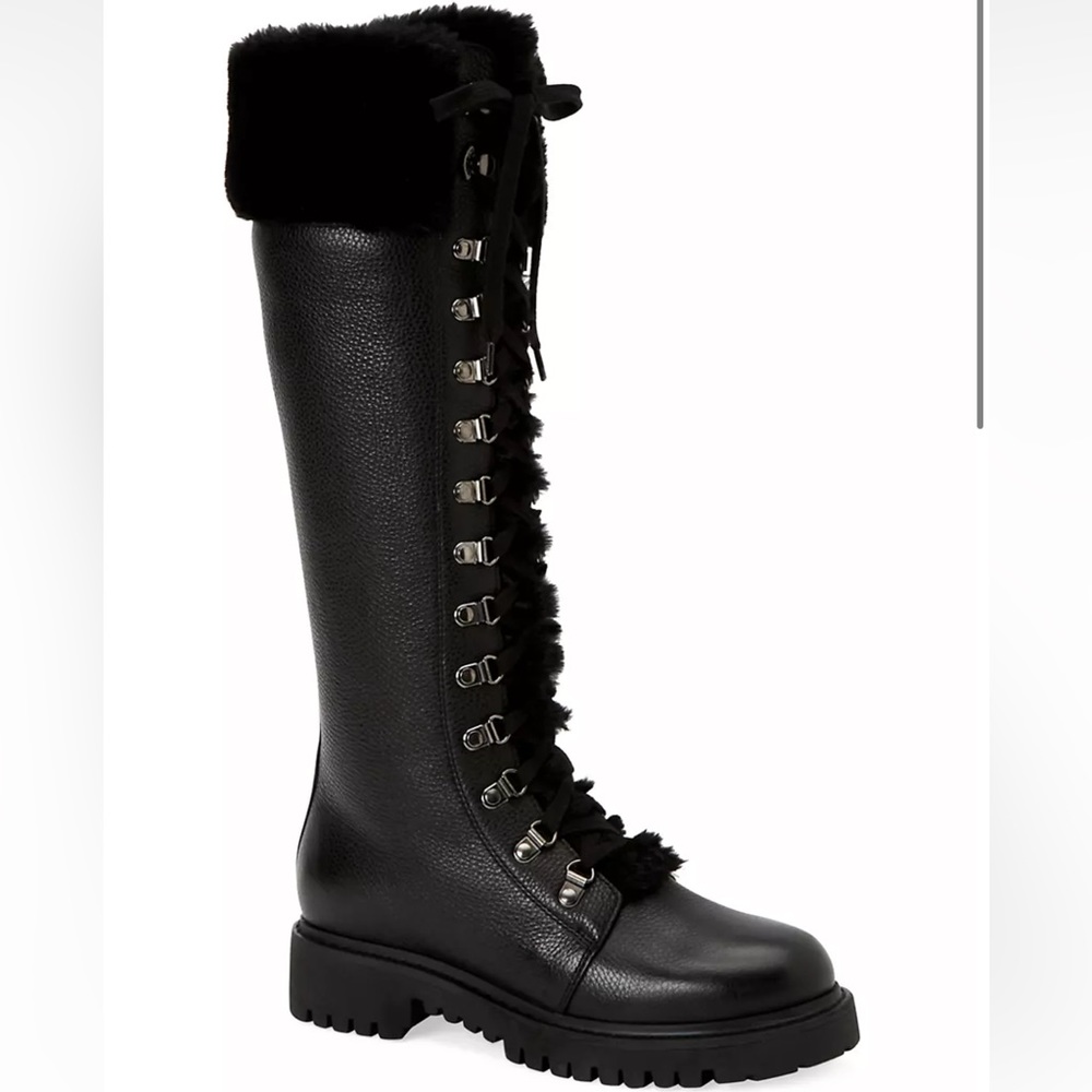 Aquatalia Black Leather Knee-High Lace-Up Boots with Shearling Trim